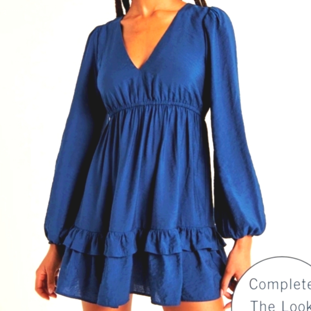 Abercrombie & Fitch blue long Sleeve baby doll ruffle mini dress size XS NWT